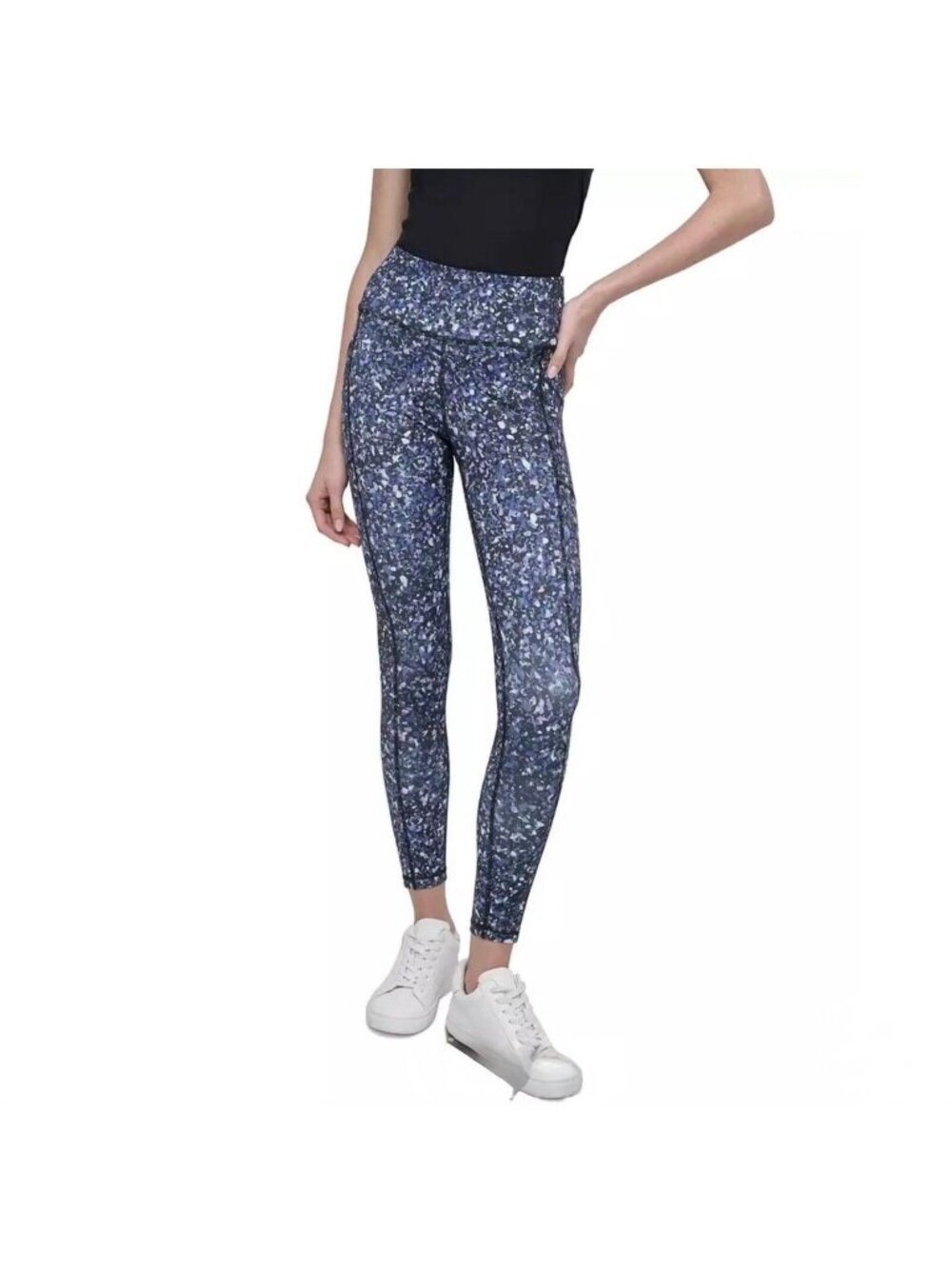 DKNY Sport High-Waist 7/8 Length Tights in a vibrant, multi-colored splatter or